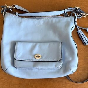 Coach Pale Blue Leather Shoulder Bag with Front Pocket and Tassel